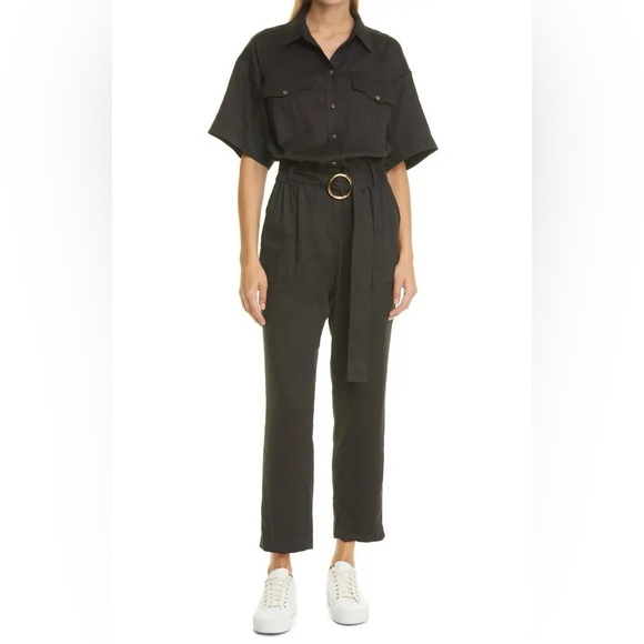 FRAME Arie Short Sleeve Linen Blend Belted Utility Jumpsuit Black Size Large - Picture 1 of 9